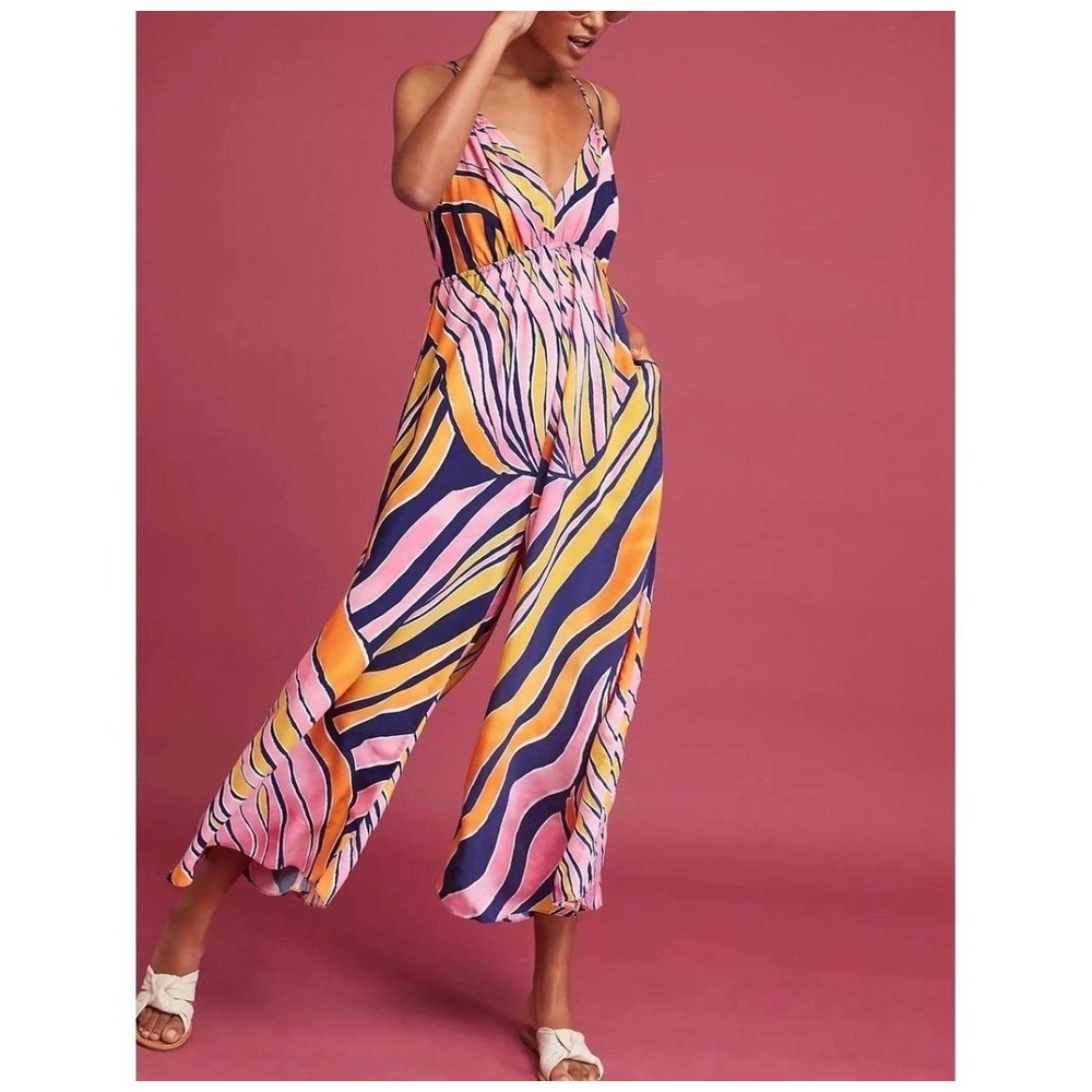 Maeve Anthropologie Pink Orange Swirl Graphic Print Wide Leg Jumpsuit 0 Oversize